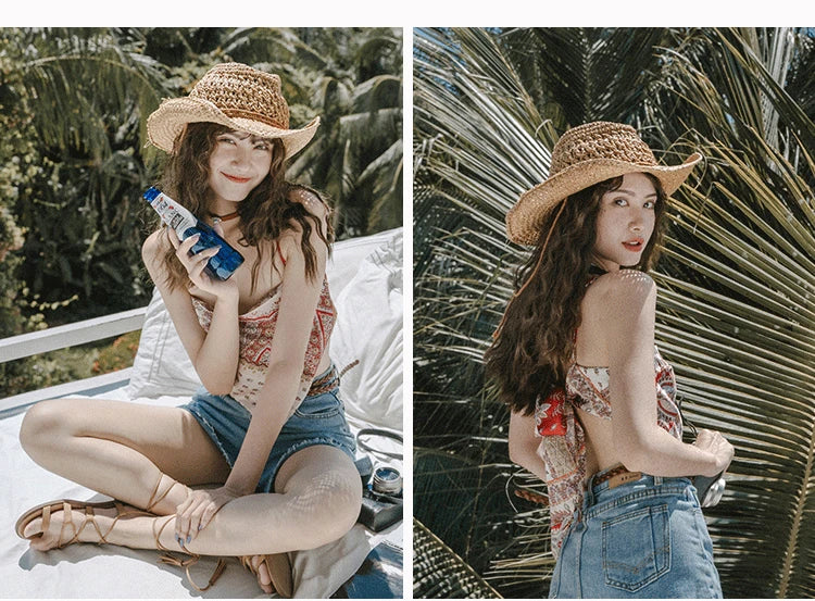 Panama Hat Summer Sun Hats for Women Man Hollow Out Beach Straw Hat for Men UV Protection Cap Chapeau Femme Women's Cowboy Hat