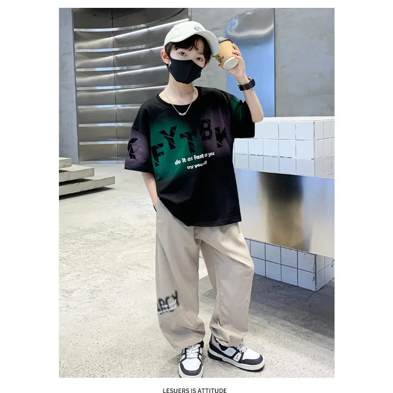 Teenager Boys Clothes Casual Outfit Kids Gradient Tracksuit Child t shirt + ankle tie pant