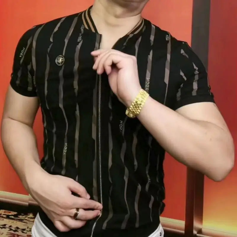 Men's New Summer T-shirt Zipper Short-sleeved Cardigan Sweater Round Neck Fashionable and Handsome Top Thin