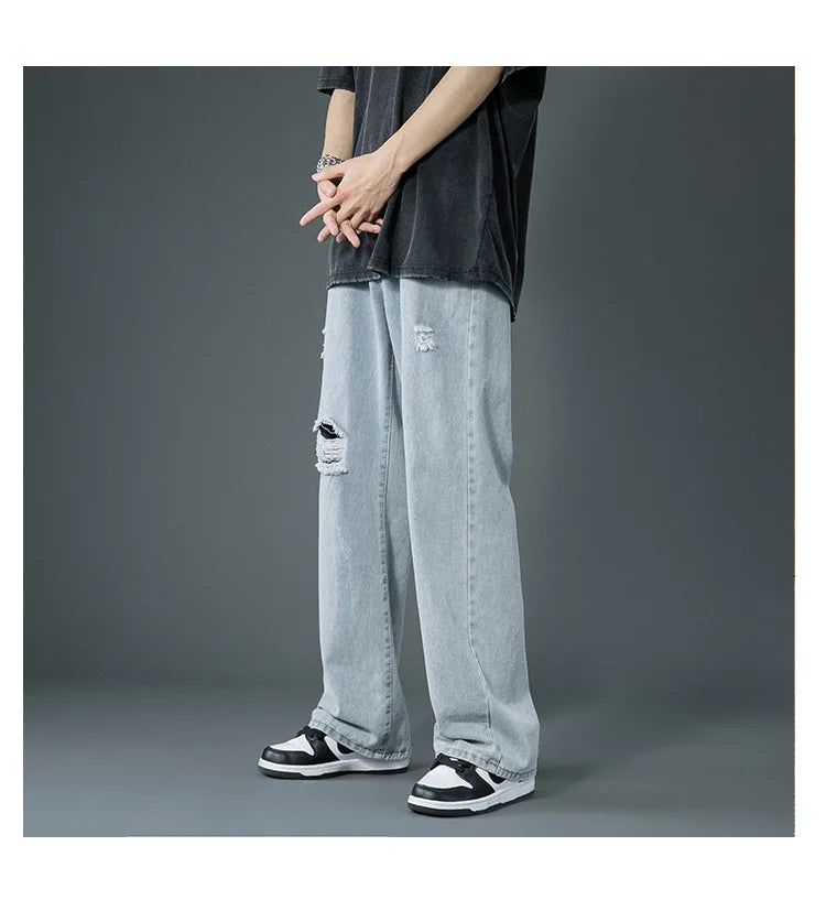 Ripped Jeans Men Ins Trendy Straight Leg Loose Wide Leg Pants High Waist Floor Mopping Denim Pants Versatile Casual Pants Men's