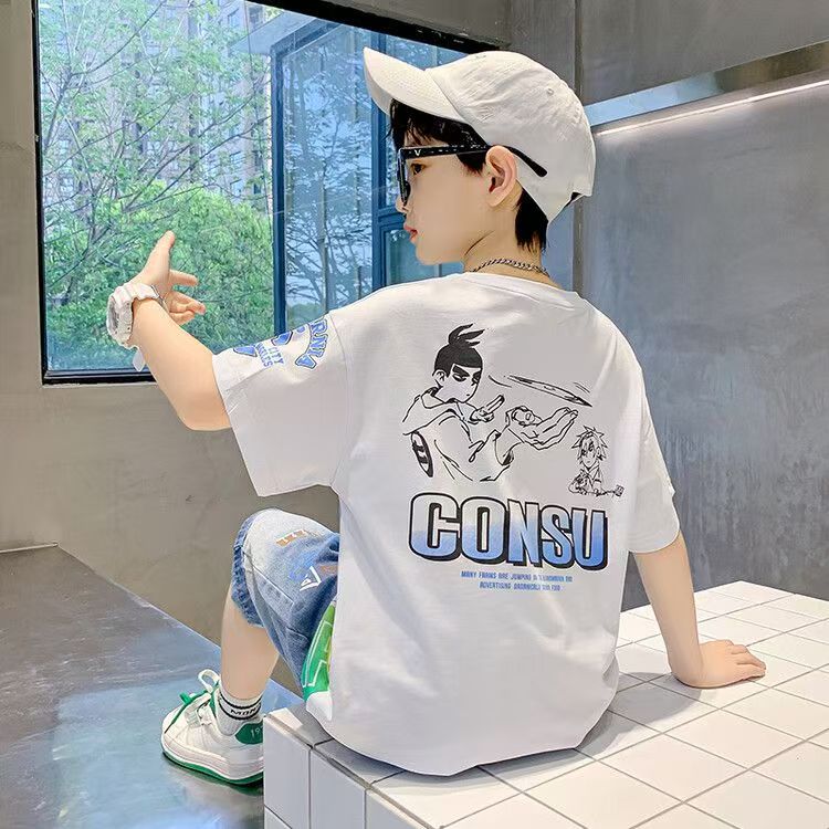 Boys Casual Cartoon Gradient T-shirt jeans Suit Medium And Large Children Two-piece Set  (Available)