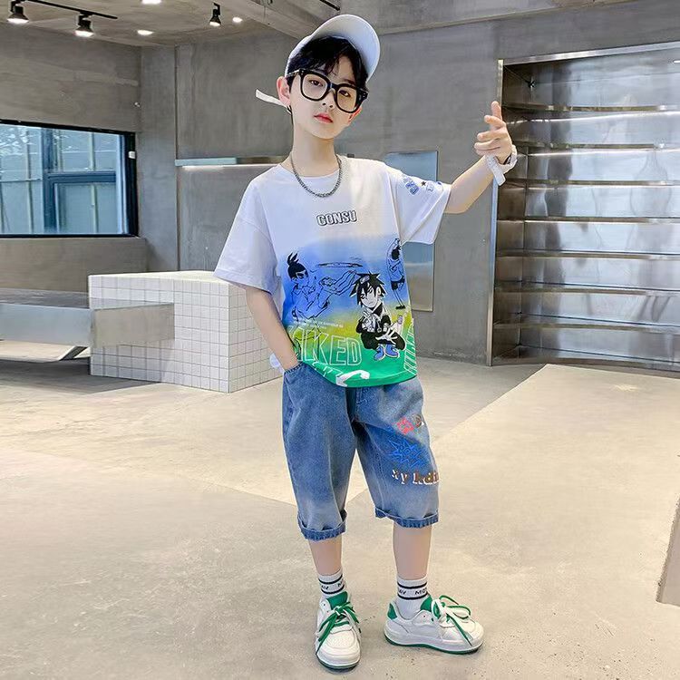 Boys Casual Cartoon Gradient T-shirt jeans Suit Medium And Large Children Two-piece Set  (Available)