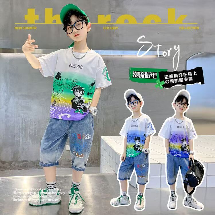 Boys Casual Cartoon Gradient T-shirt jeans Suit Medium And Large Children Two-piece Set  (Available)
