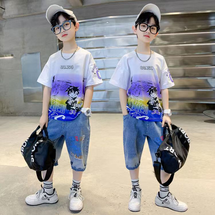 Boys Casual Cartoon Gradient T-shirt jeans Suit Medium And Large Children Two-piece Set  (Available)
