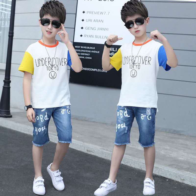 Summer Clothing For Boys Short Sleeve Sets Fashion Letters Patchwork Print Top & Pants 2 Piece Suits Children Outfits Costums