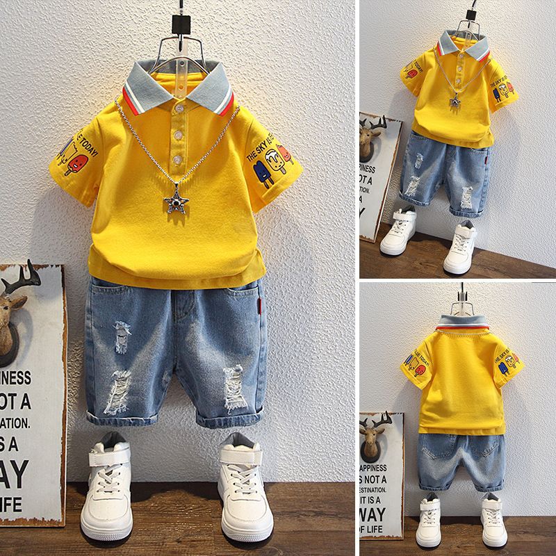 Children's Summer Clothes Short-Sleeved Jeans Two-Piece Trendy Set  (Available)