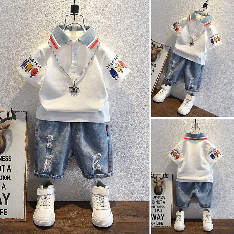 Children's Summer Clothes Short-Sleeved Jeans Two-Piece Trendy Set  (Available)