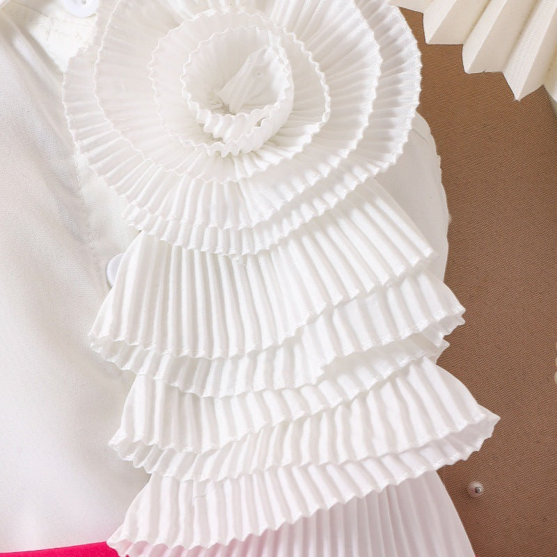 Girl's White Sleeveless Shirt With Rose Red Pleated Skirt Set (Available)