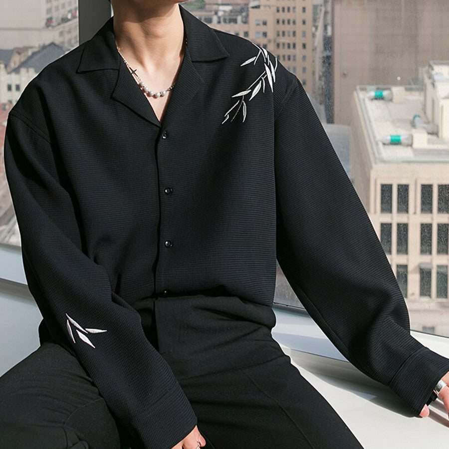 Mens Loose Casual Bamboo Embroidered Long Sleeve Shirt (Available)
