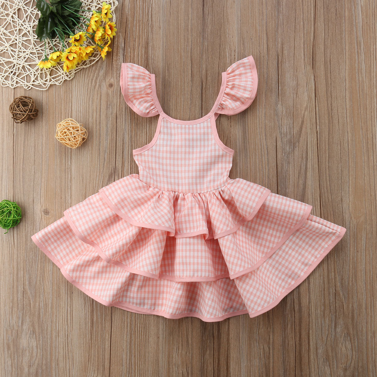 Plaid Backless Flying Sleeve Lace Up Dress Children's Sling Cake Dress