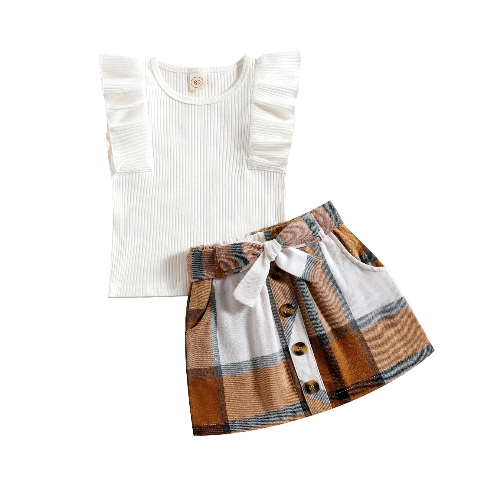 Flying Sleeve Plaid Skirt Two-piece Suit