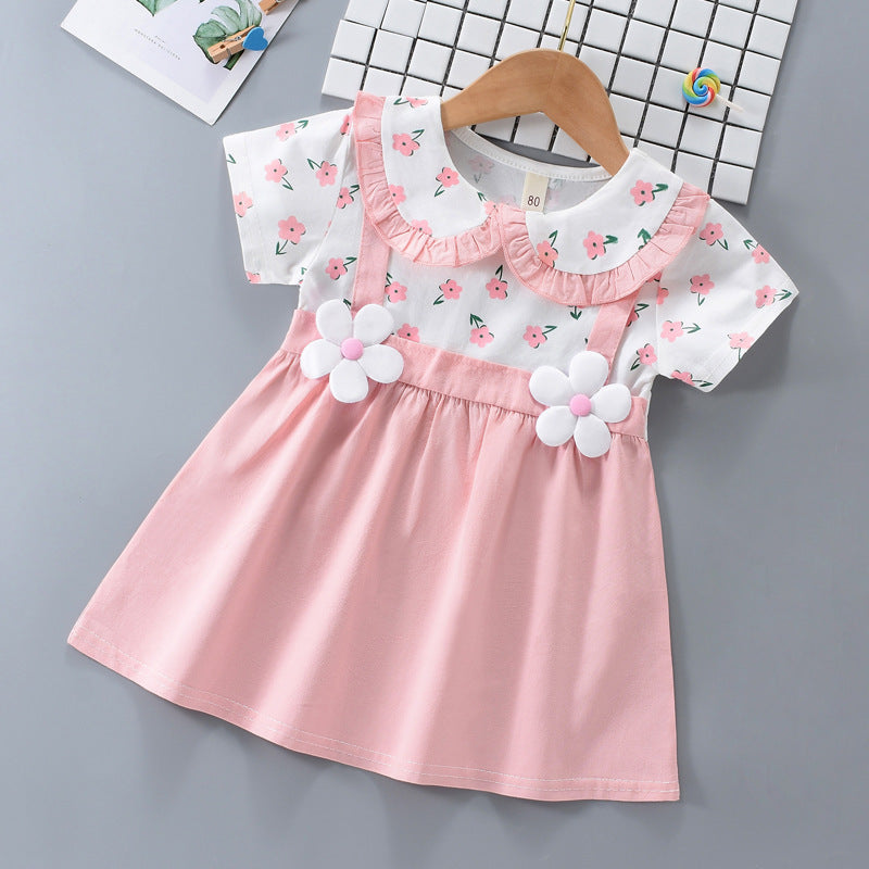 Girls' Cute Fake Two-piece All-match Short Sleeve Dress