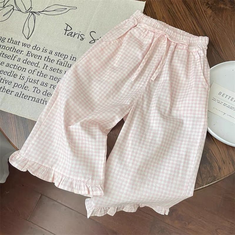 Sweet Plaid Flared Wide Leg Pants Ruffled Two-piece Set