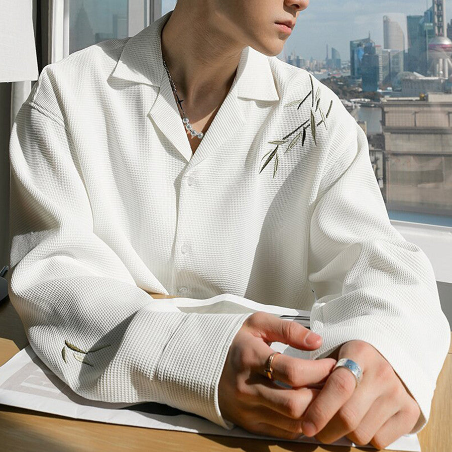 Mens Loose Casual Bamboo Embroidered Long Sleeve Shirt (Available)