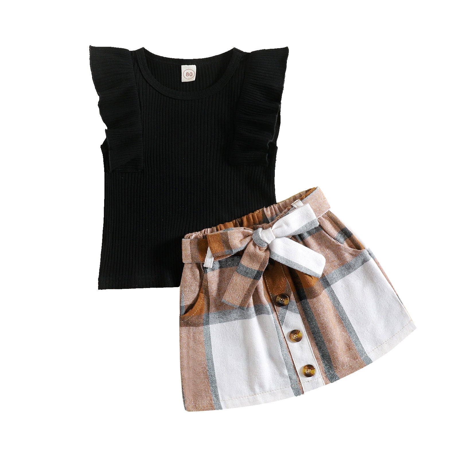 Flying Sleeve Plaid Skirt Two-piece Suit