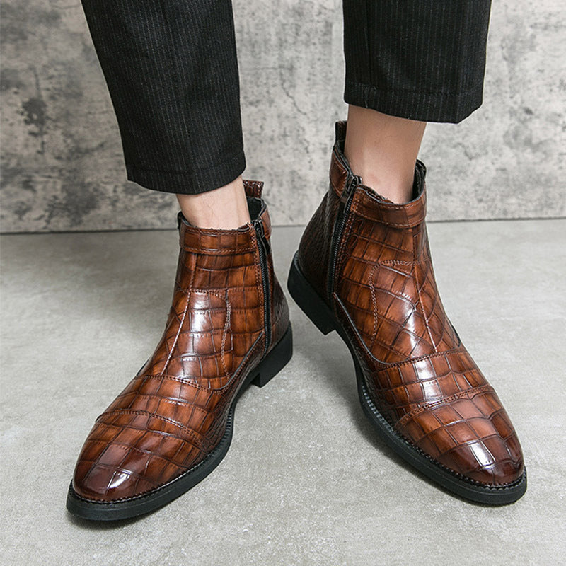 Men's Crocodile Pattern Boots Fashion Pointed Toe Low Square Heel Buckle Zipper Ankle Boots Business Formal Leather Shoes   (Available)