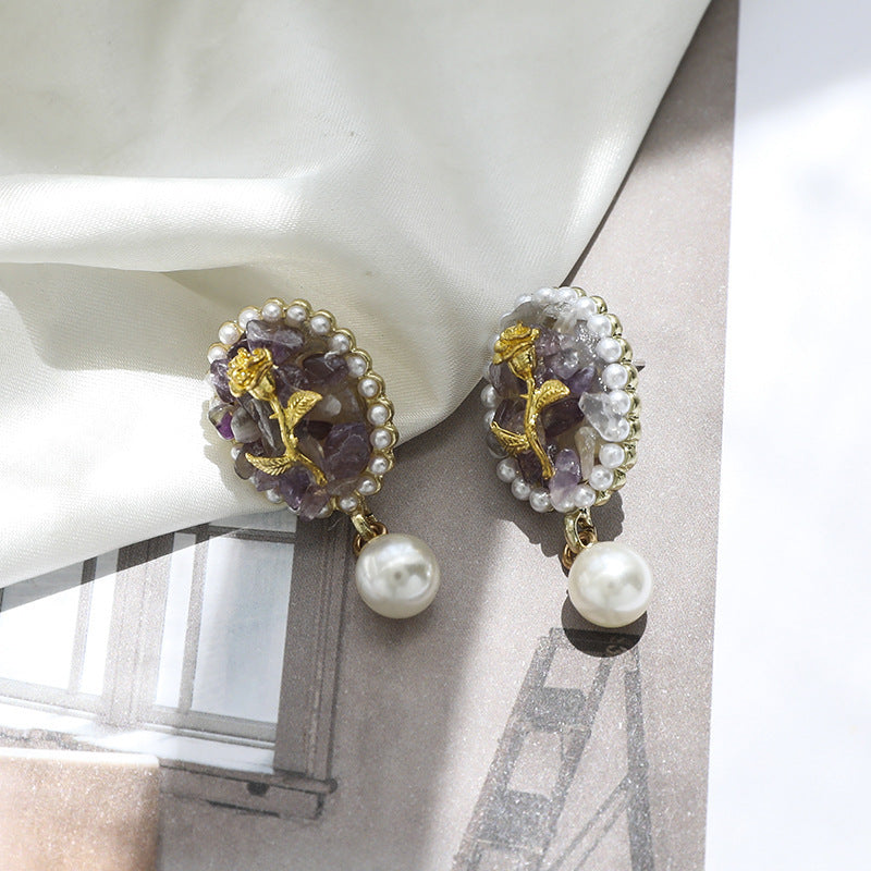 Baroque  Style Purple Stone Rose Stud Earrings