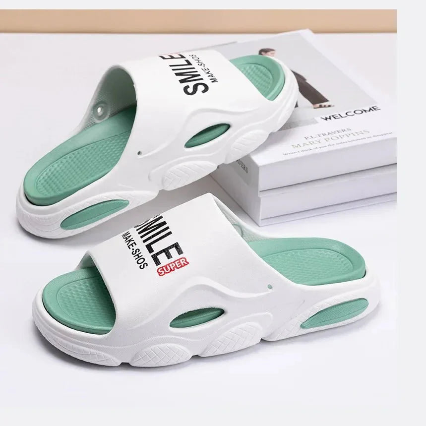 Men Thick Sole Summer Beach Slides Bathroom Anti Slip Slipper Soft Sandals Simplicity Ultra Light Letter Shoes Men Slippers - Mom & Kids