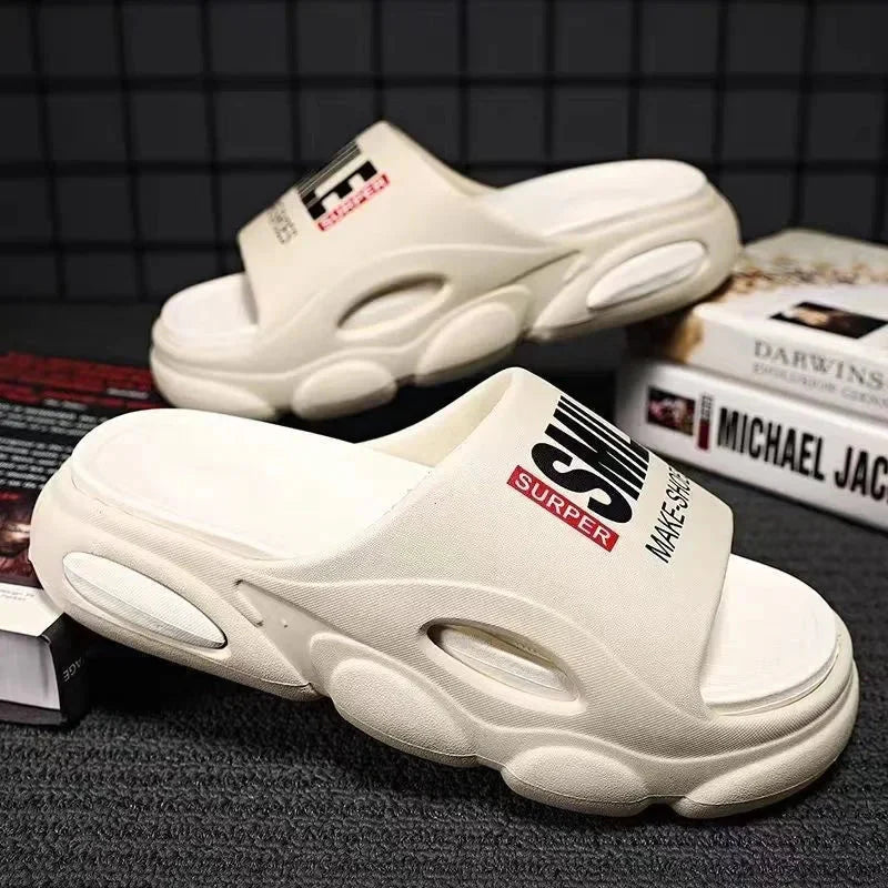 Men Thick Sole Summer Beach Slides Bathroom Anti Slip Slipper Soft Sandals Simplicity Ultra Light Letter Shoes Men Slippers - Mom & Kids