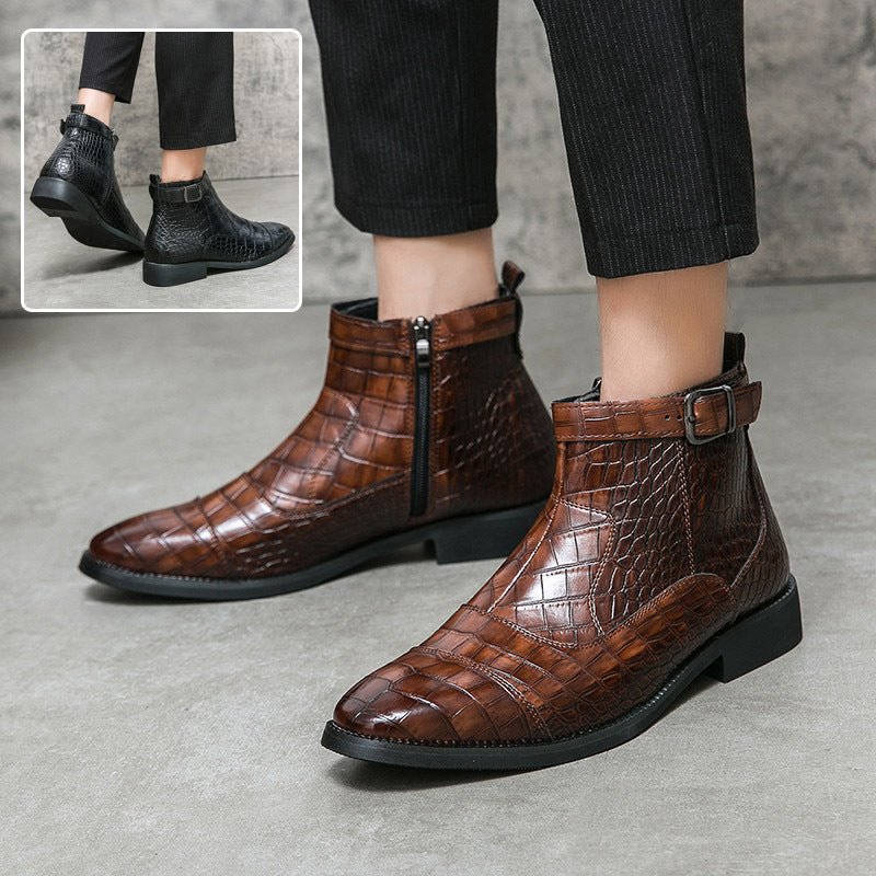 Men's Crocodile Pattern Boots Fashion Pointed Toe Low Square Heel Buckle Zipper Ankle Boots Business Formal Leather Shoes - Mom & Kids