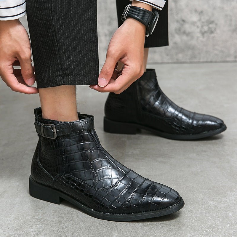 Men's Crocodile Pattern Boots Fashion Pointed Toe Low Square Heel Buckle Zipper Ankle Boots Business Formal Leather Shoes - Mom & Kids