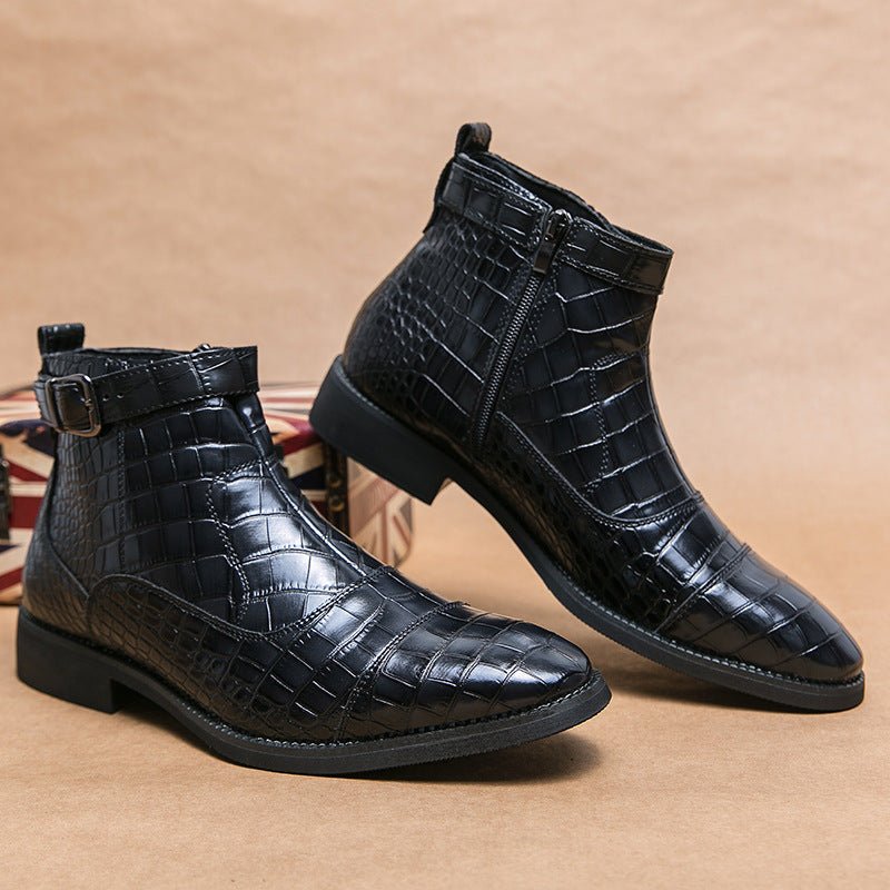 Men's Crocodile Pattern Boots Fashion Pointed Toe Low Square Heel Buckle Zipper Ankle Boots Business Formal Leather Shoes - Mom & Kids