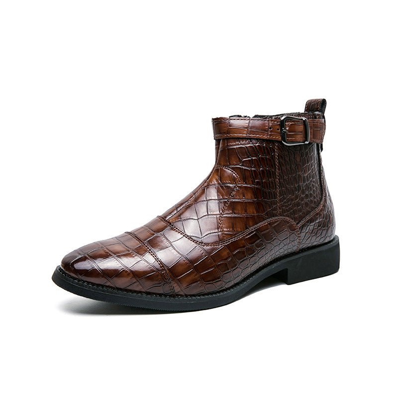 Men's Crocodile Pattern Boots Fashion Pointed Toe Low Square Heel Buckle Zipper Ankle Boots Business Formal Leather Shoes - Mom & Kids