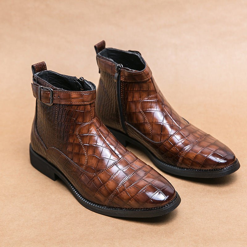 Men's Crocodile Pattern Boots Fashion Pointed Toe Low Square Heel Buckle Zipper Ankle Boots Business Formal Leather Shoes - Mom & Kids