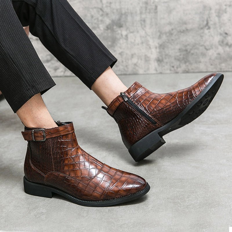 Men's Crocodile Pattern Boots Fashion Pointed Toe Low Square Heel Buckle Zipper Ankle Boots Business Formal Leather Shoes - Mom & Kids