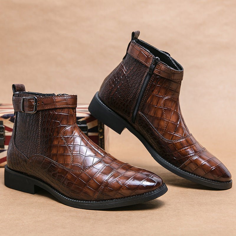 Men's Crocodile Pattern Boots Fashion Pointed Toe Low Square Heel Buckle Zipper Ankle Boots Business Formal Leather Shoes - Mom & Kids