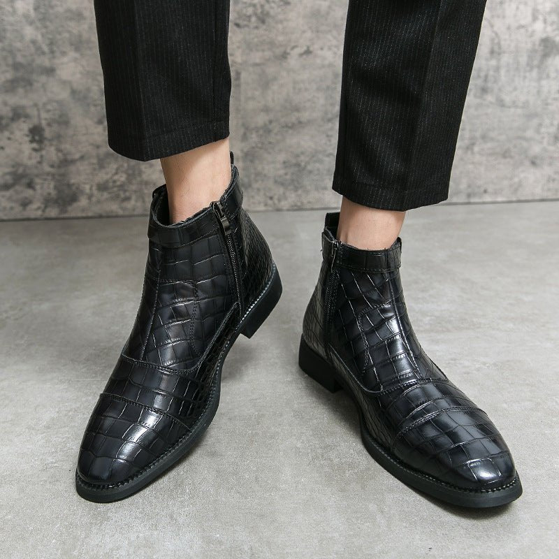 Men's Crocodile Pattern Boots Fashion Pointed Toe Low Square Heel Buckle Zipper Ankle Boots Business Formal Leather Shoes - Mom & Kids