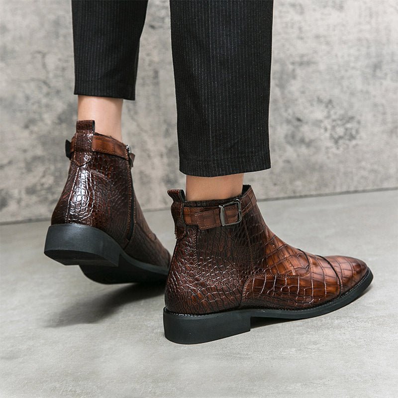 Men's Crocodile Pattern Boots Fashion Pointed Toe Low Square Heel Buckle Zipper Ankle Boots Business Formal Leather Shoes - Mom & Kids