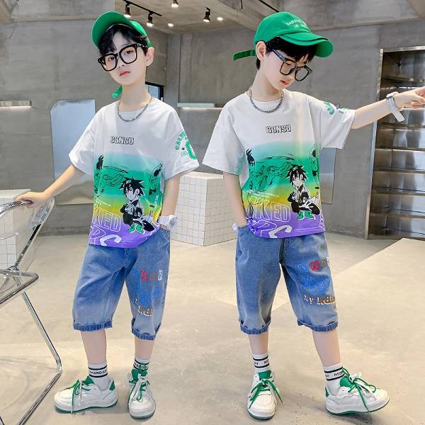 Boys Casual Cartoon Gradient T-shirt jeans Suit Medium And Large Children Two-piece Set  (Available)